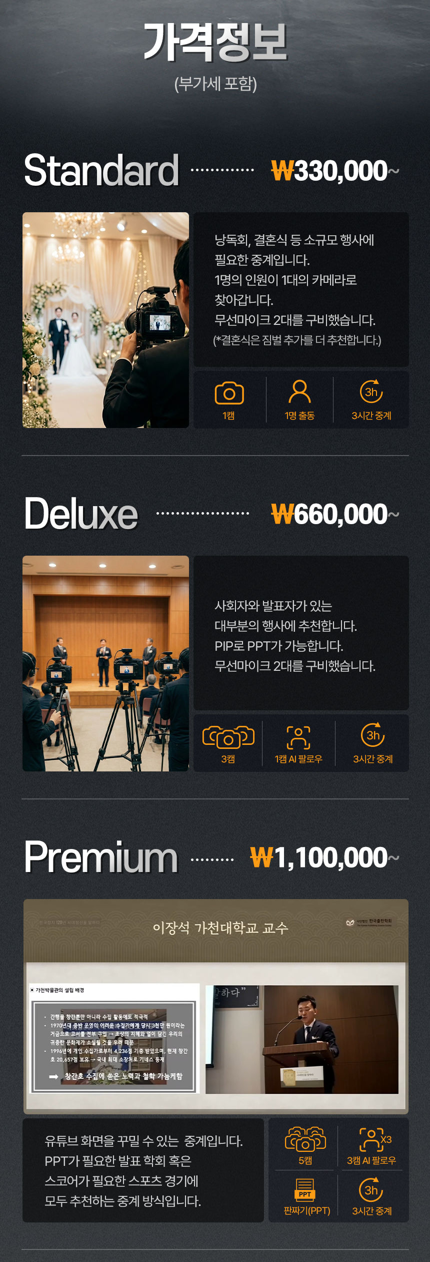 유튜브 중계 가격 정보 Standard Deluxe Premium 패키지